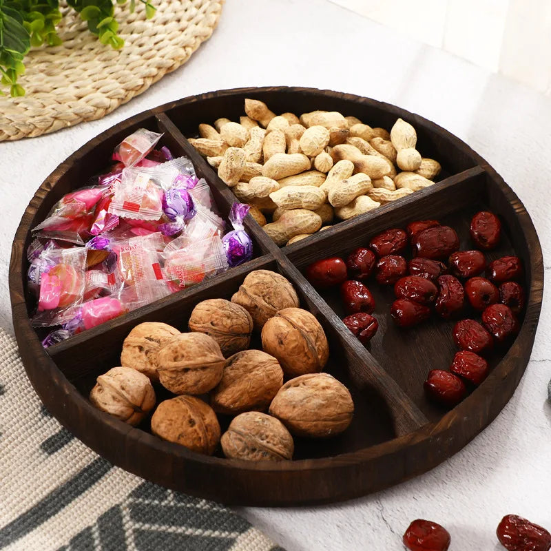 Creative Home Living Room Bohemian Plant Pattern Wooden Dried Fruit Snack Tray Oval Partition Solid Wood Candy Plate