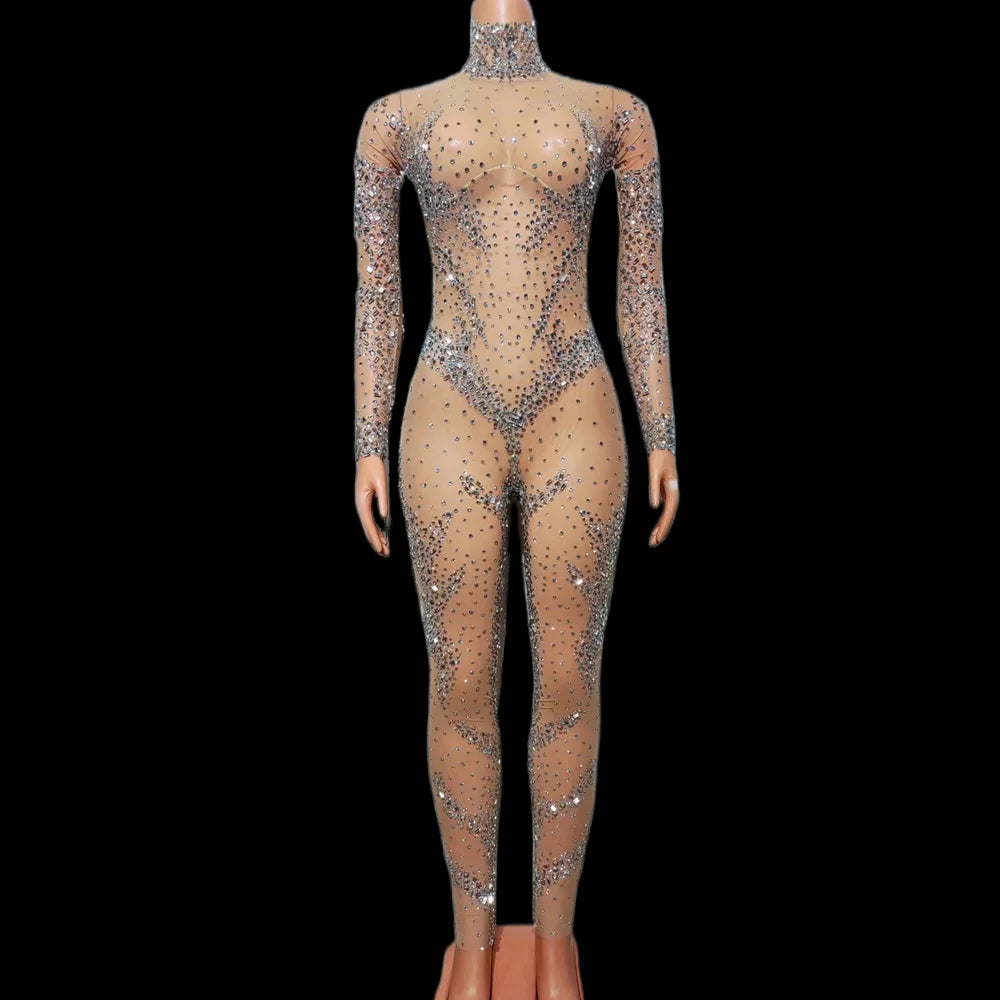 Sexy Glitter Rhinestone Jumpsuit Women Stage Performance Rompers Stripper Exotic Dancer Outfit Lady Transparent Bodycon Bodysuit