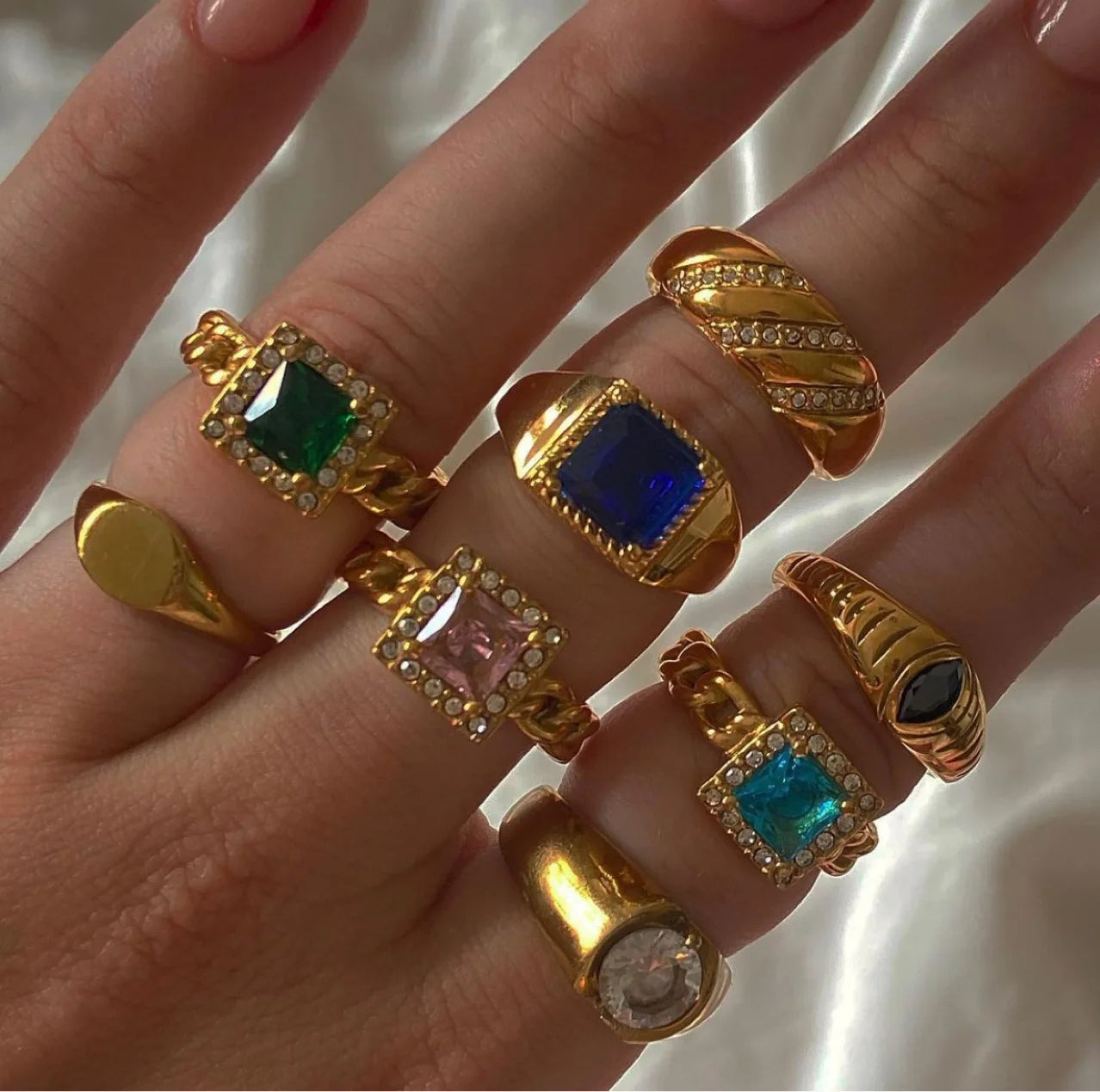 Tarnish Free Stainless Steel Open Cuff Adjustable Cz Ring PVD Gold Plated square Zircon Wedding Ring for Women