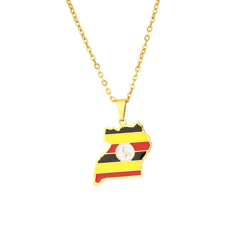 African Map Jewelry Stainless Steel 18K Gold Plating Uganda Map Flag Necklace