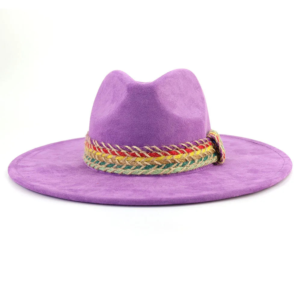 Large Suede Heart Top Fedora Hat Women Outdoor Sun protection Hat New Four Strand Braided Belt Men Fedora Hats Wide Brim