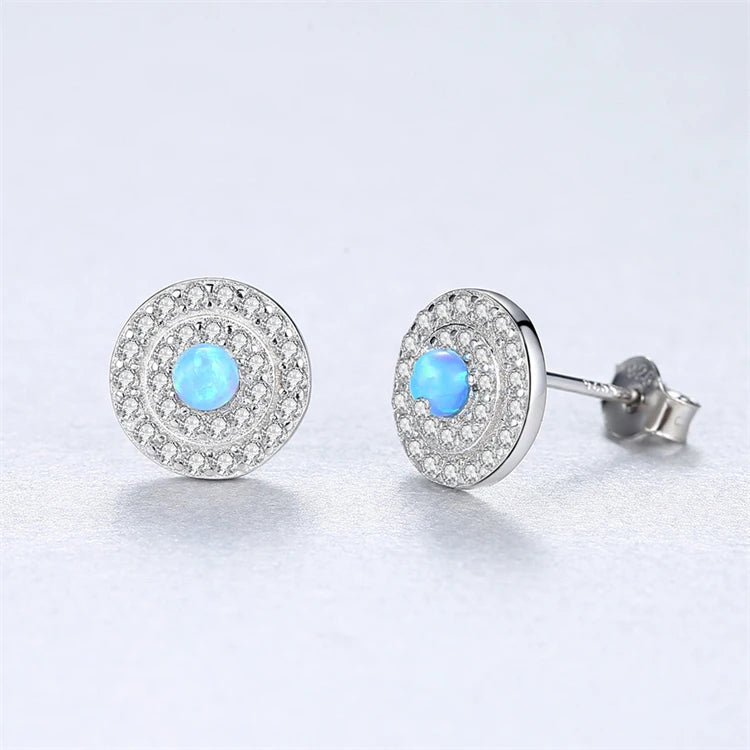 Fine Jewelry 925 sterling silver Pave CZ Round Disc Natural Round Opal Stud Earrings For Women Girls