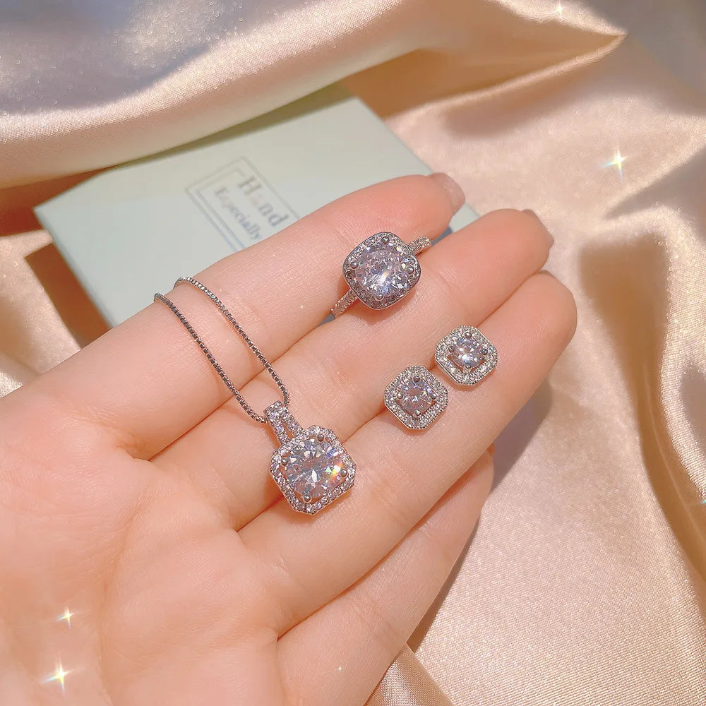 Hoyon 3pcs Set Zirconia Pendant Necklace Earrings Ring Set Silver Crystal Fashion Adjustable Zircon