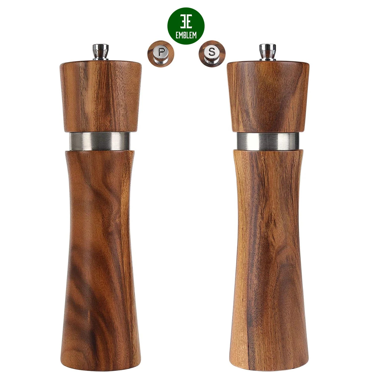 Acacia Wood 8 Inch Manual Salt and Pepper Grinder Set 2-Piece Mill Kit (Salt Pepper Mill)