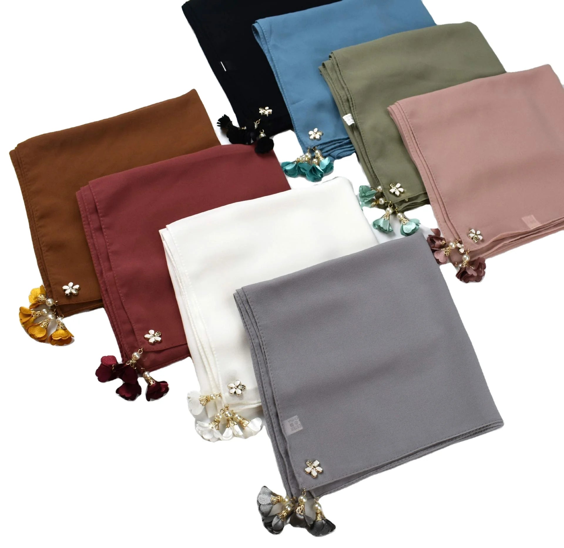 New Solid Pearl Chiffon Flower Pendant Square Scarf Muslim Headband Shawl Hijab