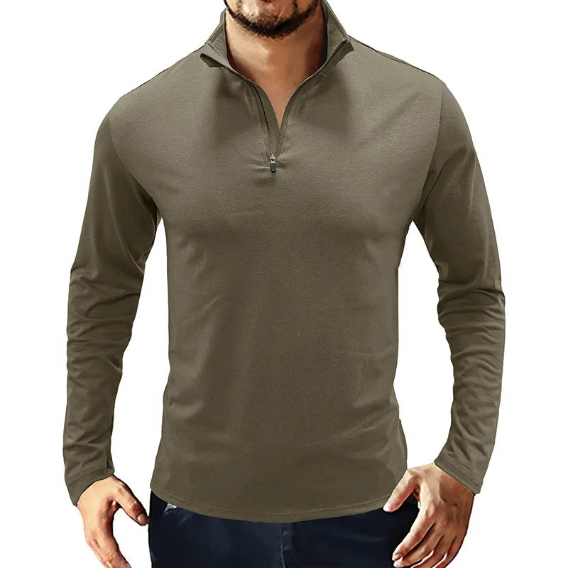 2023 Autumn Winter Men's Chinese Style Long-Sleeved Solid Color Stand-Up Collar Eco-Friendly Cotton Blend T-Shirt Wholesale