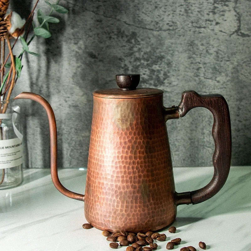 100% Pure Copper  Gooseneck Coffee Tea Kettle Rose Wood Handle and Knob Handmade with Lid