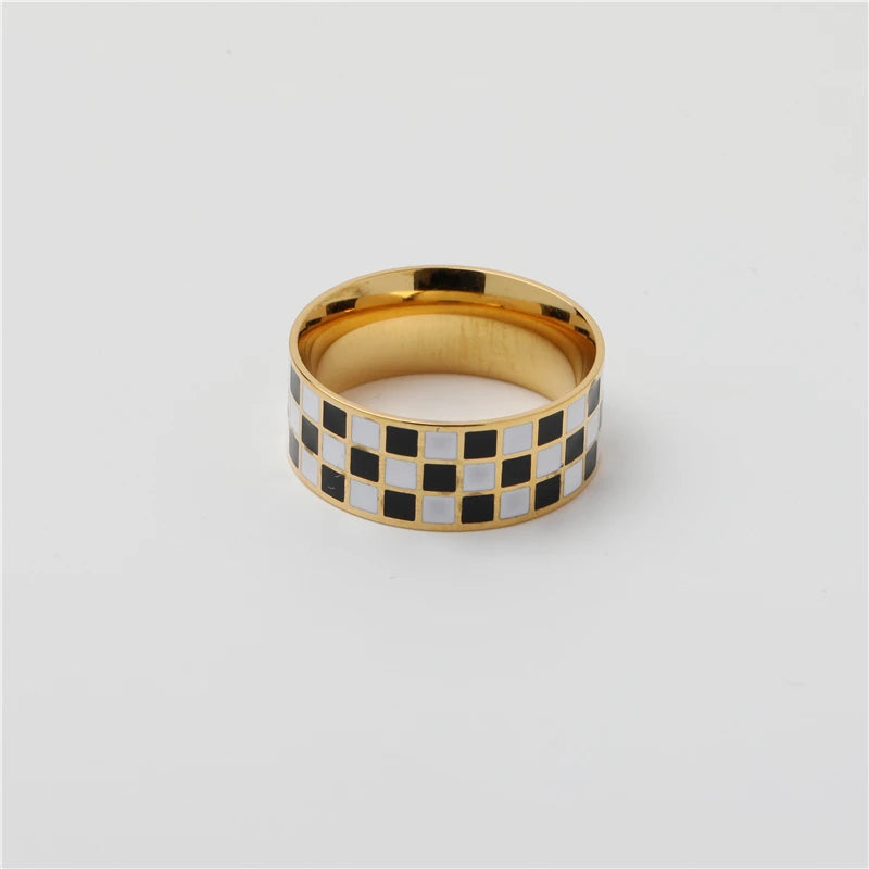 Fenny 18K Gold Plated Wholesale No Fade Simple Checkered Black and White Stainless Steel Finger Ring Trendy for Women