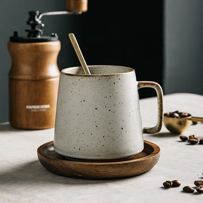 360ml Tumbler Mugs Ceramic Coffee Cups Set with Wooden Dish Saucers Talbleware Coffee Mug Coffee Mug Custom Logo