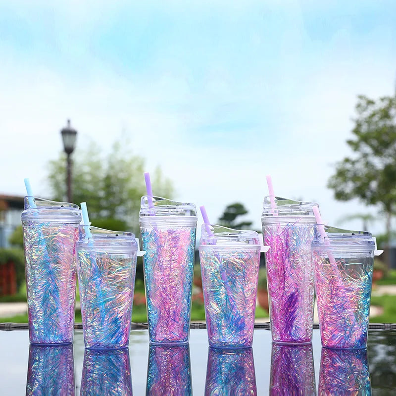 Tumblers Wholesale Bulk Plastic Colorful Cup 24 Oz Double Wall Snow Globe Skinny Acrylic Tumbler Gradient with Lid and Straw