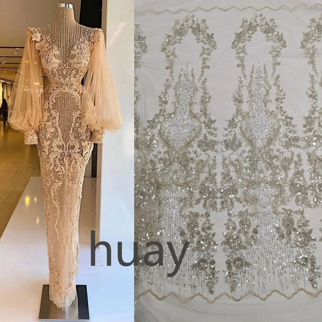 Luxury White Bridal Tulle Beads Lace Fabrics With Shiny Sequins for Wedding Dress  HY1837-4