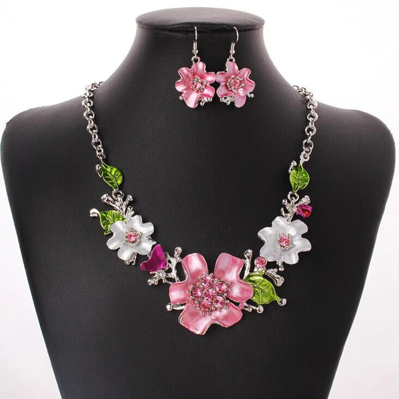 Elegant Red Flower Necklaces and Earring Set Wedding Jewelry Women