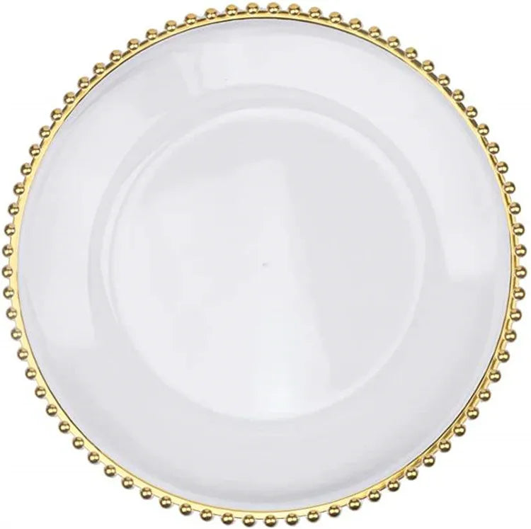 13 Inch Plastic Cleartransparent  Charger Plates With Gold Beads Rim for Event Wedding Decoration