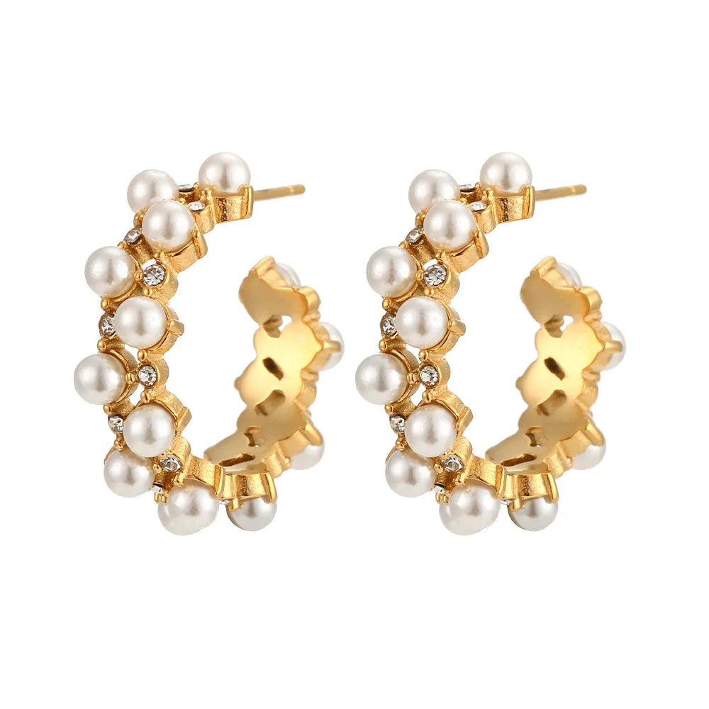 New Waterproof Designer Jewelry 18K Gold Plated Stainless Steel Zircon Earrings  Hollow Out Fresh Water Pearl Hoop Earrings