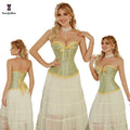 2022 New Arrival Plus Size Victorian Vintage Steel Bone Corselet Gold Trimmer Green Lace Ruffles Slimming Corset