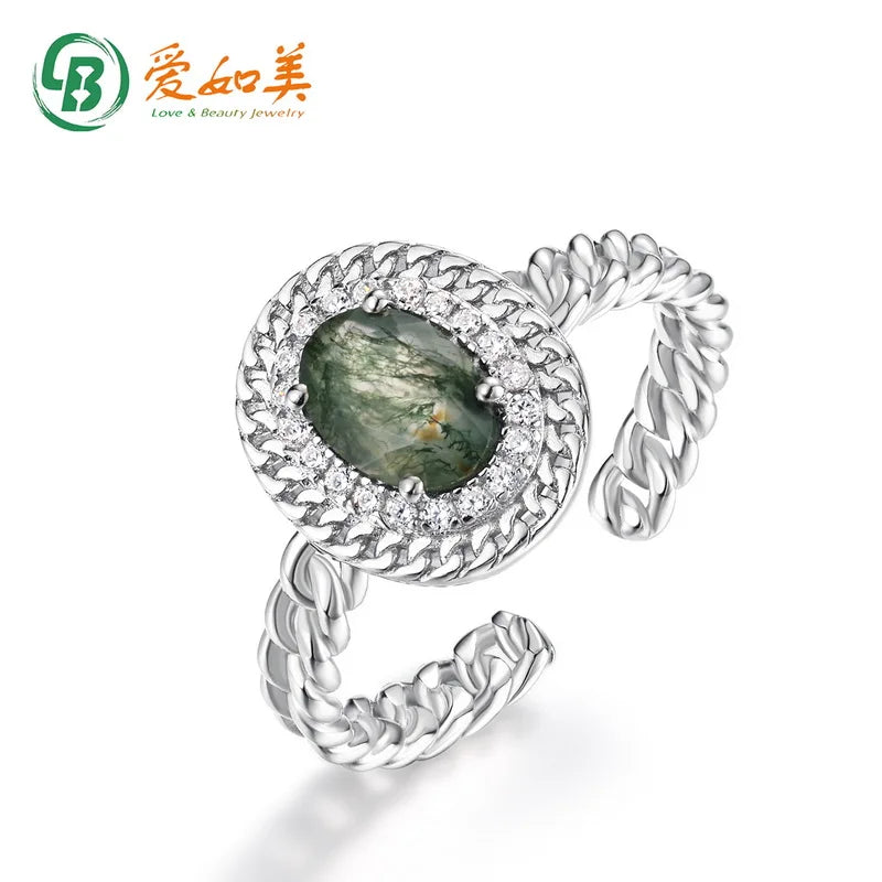 Women's Jewelry Natural Green Moss Agate Delicate Wedding 925 Sterling Silver Ring for Customization Acceptable