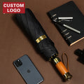High-End Automatic Ten-Bone Rain Umbrella Solid Wood Handle Custom Logo Black Coating Wholesale Folding Design for Adults Men