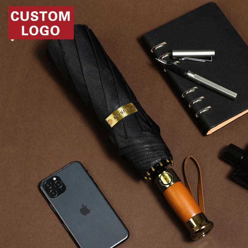 High-End Automatic Ten-Bone Rain Umbrella Solid Wood Handle Custom Logo Black Coating Wholesale Folding Design for Adults Men