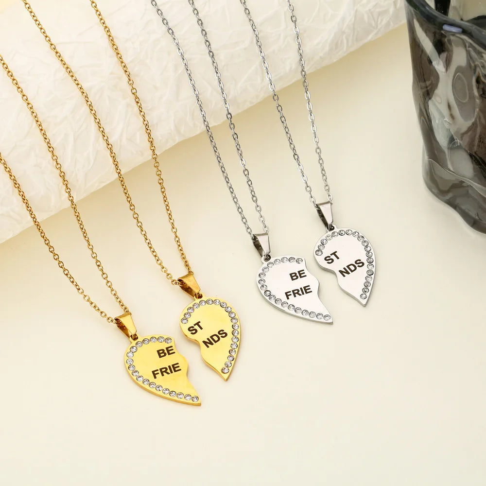 Stainless Steel Heart Shaped Pendant Gold Plating Fashionable Link Valentine's Day Gift Couple's Diamond Friendship Jewelry