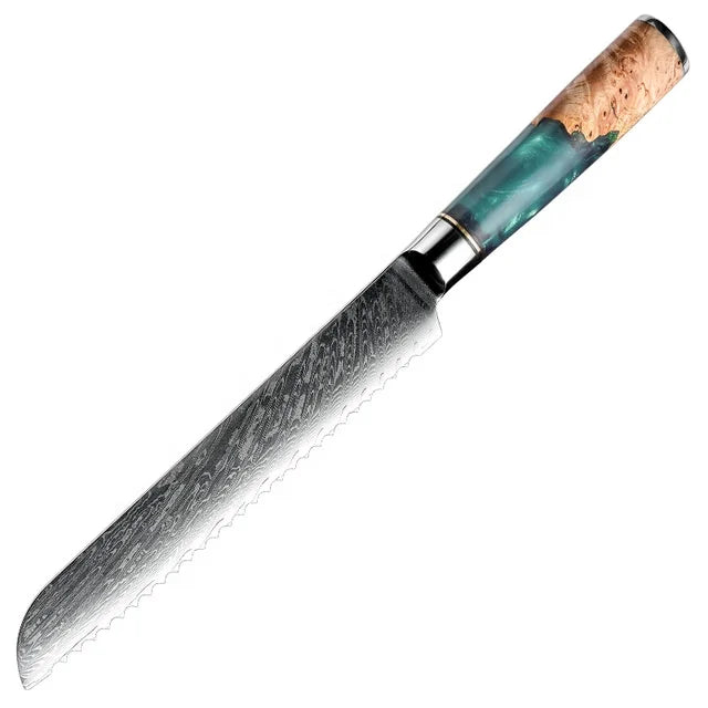 10CR15MO Japanese Damascus Steel Durable Serrated Chef Resin Wooden Blue Handle Professional Kitchen Bread Slicing Kitchen Knife