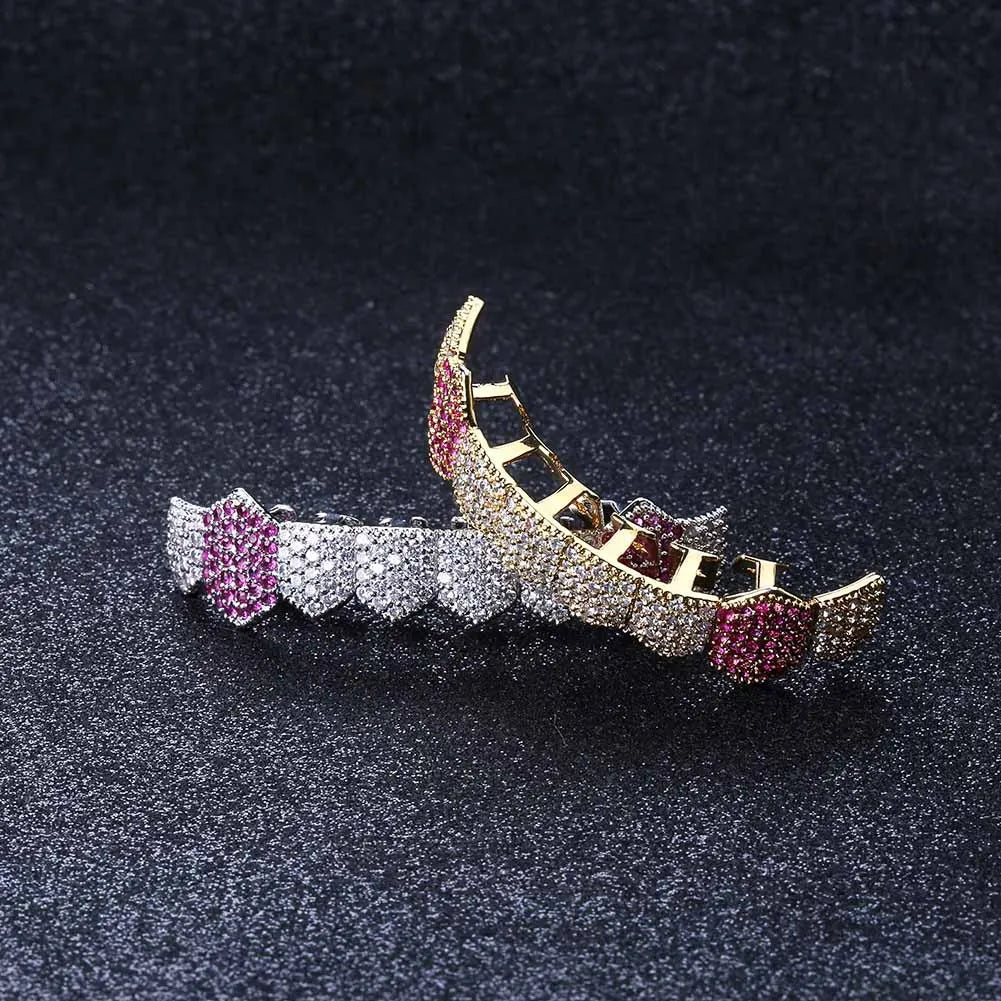 European and American Hip Hop 8 Teeth Microinlaid Zircon Single Row Lower Teeth Gold Braces Teeth Grills Cross Border Jewelry