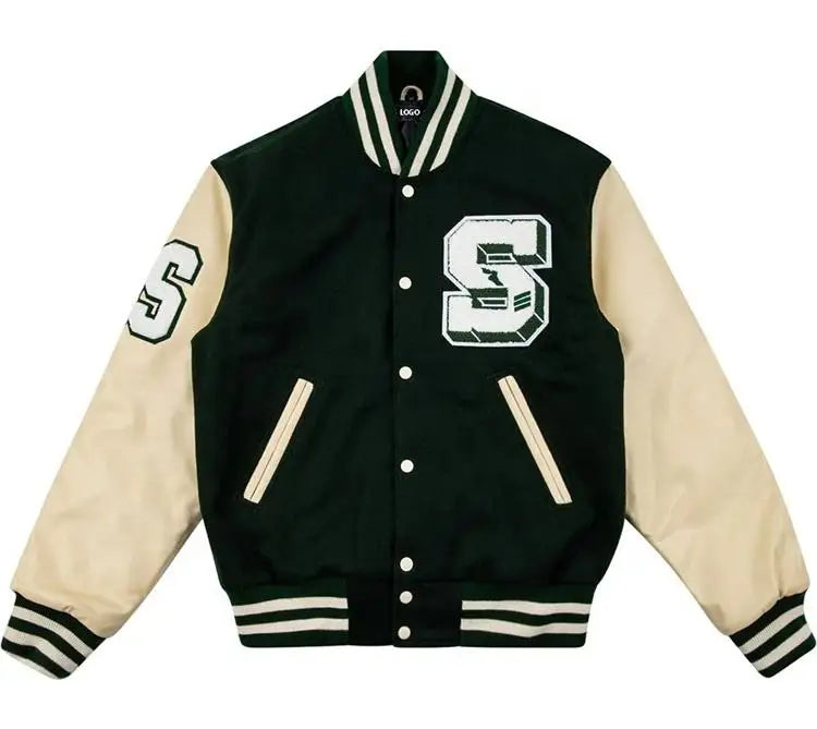 OEM Custom Men's Stand-Up Collar Varsity Letterman Jacket 100% Wool Leather Sleeves with Chenille Embroidery Canvas Fabric
