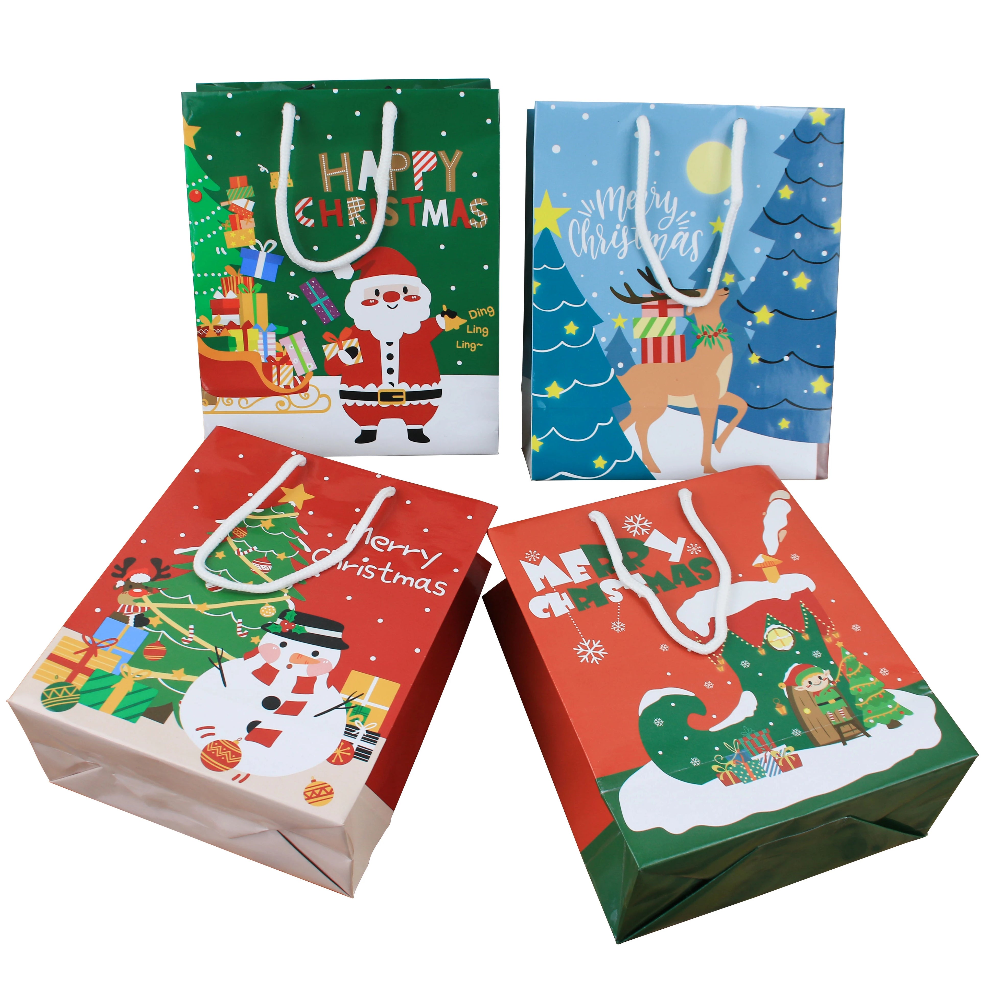 2022 New Design Hotly Sold 4 Design Mix Christmas Gift Goodie Paper Bag With White Handle  for Christmas Party Gifts Packaging