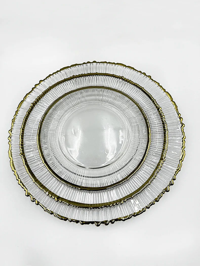 Factory Sale Luxury Eco-Friendly Lead-Free Irregular Vertical Rib Crystal Clear Silver Gold Rim Charger Glass Plate Set 13inches