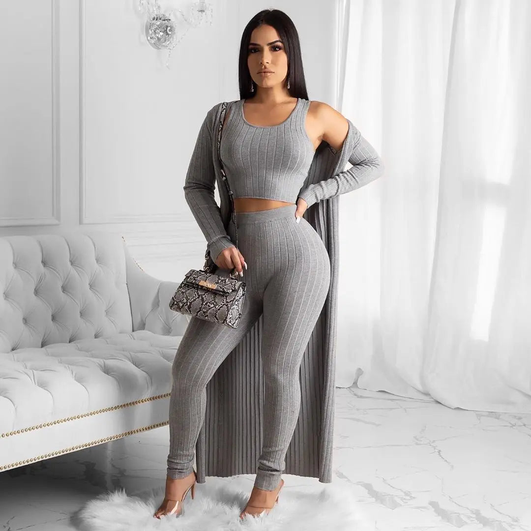 2024 Casual Solid Color Skinny Pants 3 Piece Sets Women Vest + Long Sleeve Coat + Pants Outfits Autumn Female Home Clothing