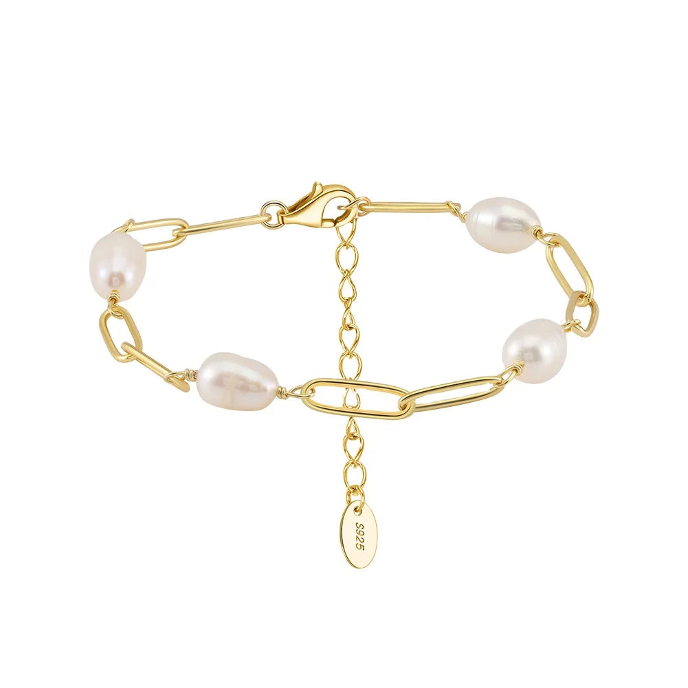 RINNTIN GPB39 Paper Clip Chain and Cultured Freshwater Pearl Gold Tone Bracelet 925 Sterling Silver Hypoallergenic Bracelet