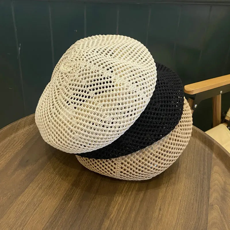 MIO Casual Fashion Solid Color French Beret Hat for Women Summer Breathable Hollow Knitted Beret Outdoor Artist Painter Hat