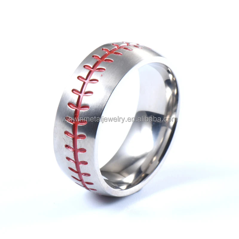 Custom Made Fashion 8mm Titanium Engagement Gift Wedding Band Red Tennis Ball Pattern Certified Sport Ring for Men Women
