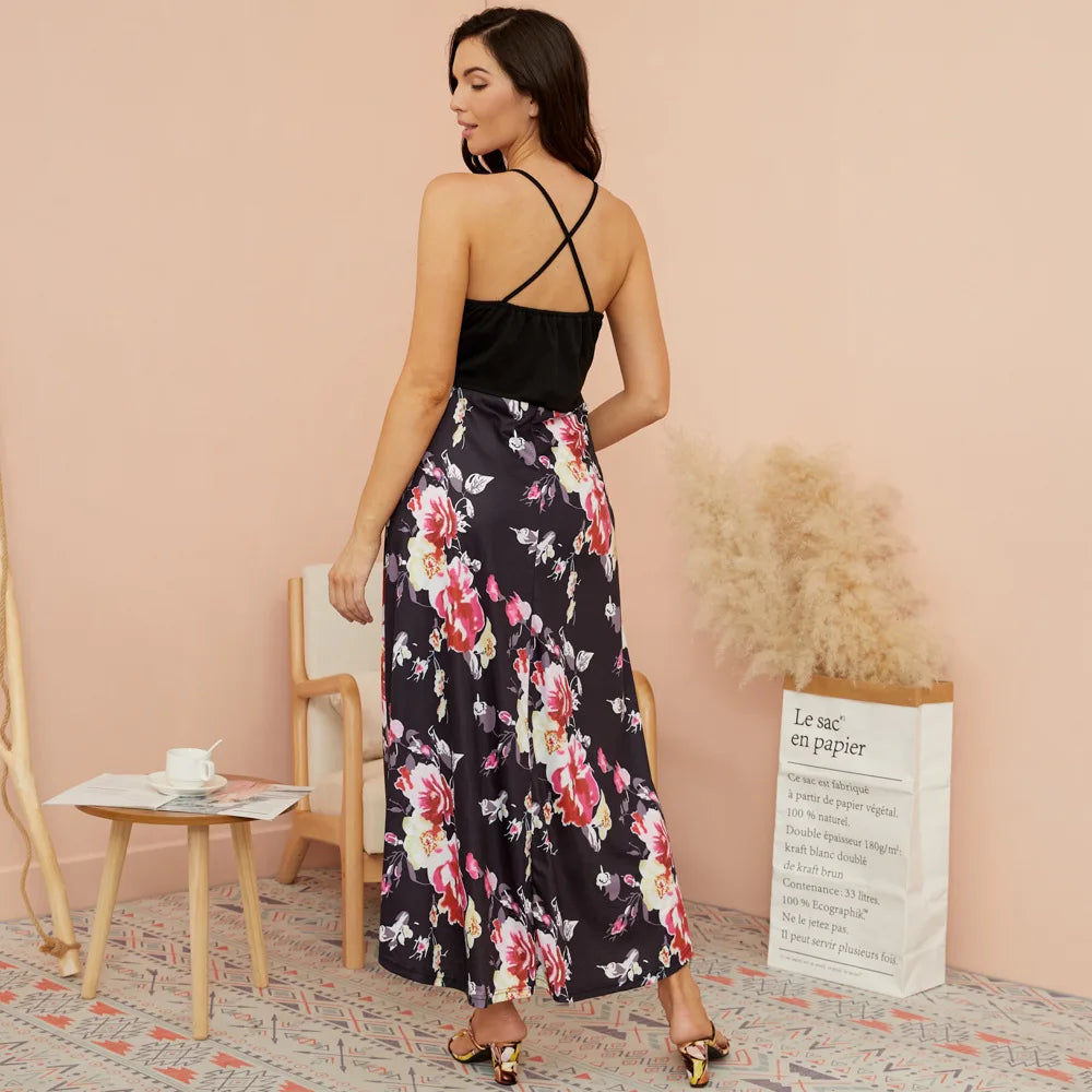 European and American Maternity Wear Ouze WISH Print Sling Contrast Stitching Breastfeeding Sleeveless Dress