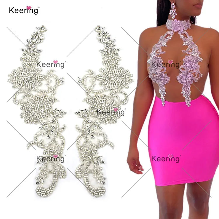 WRA-1006 Keering Handmade Iron on Patches Beautiful Rhinestone Beaded Appliques for Wedding Dresses