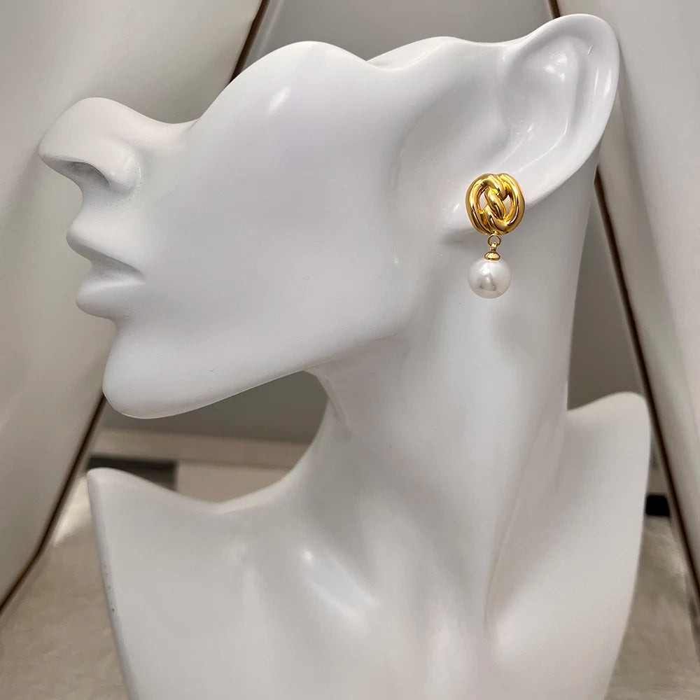 18K Gold Plated Stainless Steel Pearl Drop Earrings Classic Pendant Style Charm