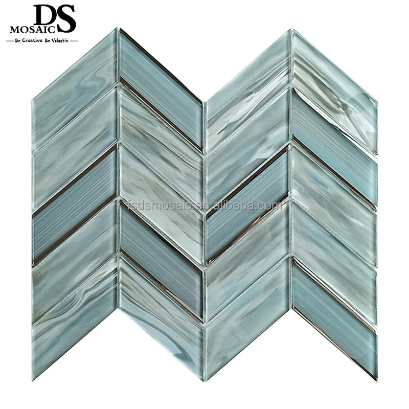 Herringbon Shape Gray and Blue Color Decoration Bathroom Hotel Crystal Creative Laminate Glass Mosaic Tiles