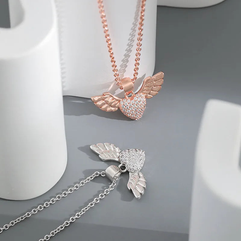 New Design Diamond Rhinestone Angel Wing Heart Necklace for Women Girls Valentine Day Gift