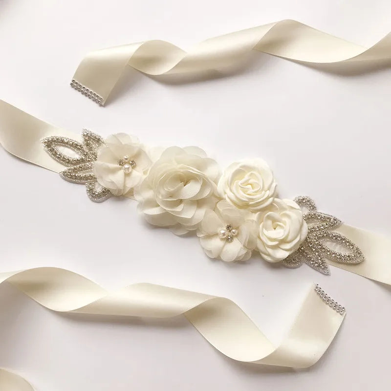 SLBRIDAL Crystal Pearls Wedding Rose Flower Belt Satin Rhinestones Evening Prom Dress Belt Bridal Ribbon Sash Bridesmaids Women