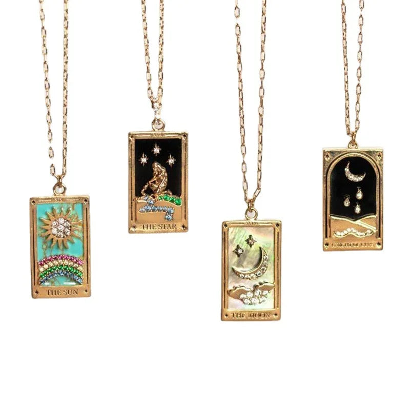 Enamel Gold Plated Copper Alloy Micro Inlay Dainty Zircon Stone Moon Sun Star Tarot Fashion Jewelry Women Pendant Necklace