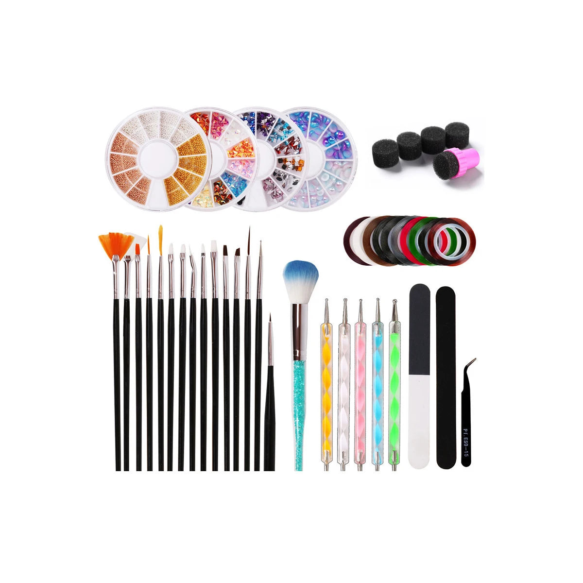 TAMAX NAK011 NAIL ART KITS Acrylic Nail Brush Set Drawing Liner Brushes Dotting Pen Big Dust Brush Gem Picker Sponge Stamping
