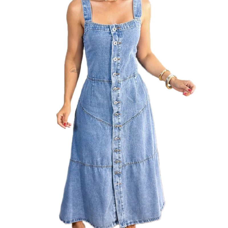 KY Button Down Wash Women's Denim Dress Special Sizes Long Jeans Dress