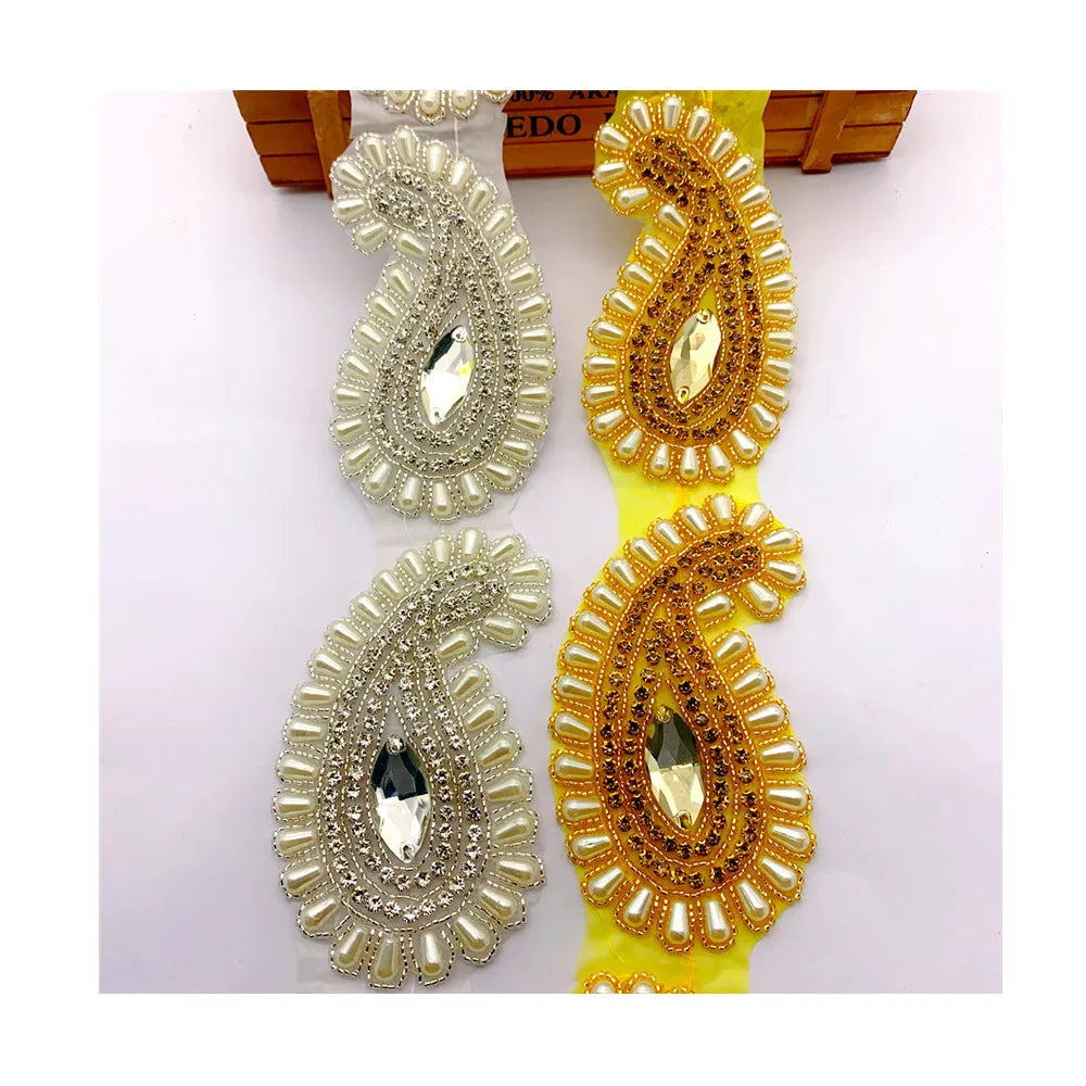 Hot Fix Pearl Beaded  Rhinestone Tape Ribbon With Rhinestones Iron on Appliques for Wedding Dresses Belt