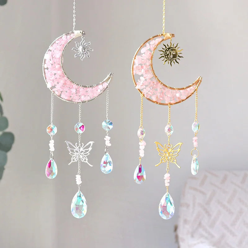 Natural Crystal Sun Catcher Crushed Stone Moon Crystal Decoration Butterfly Wind Chimes Home Garden Decor