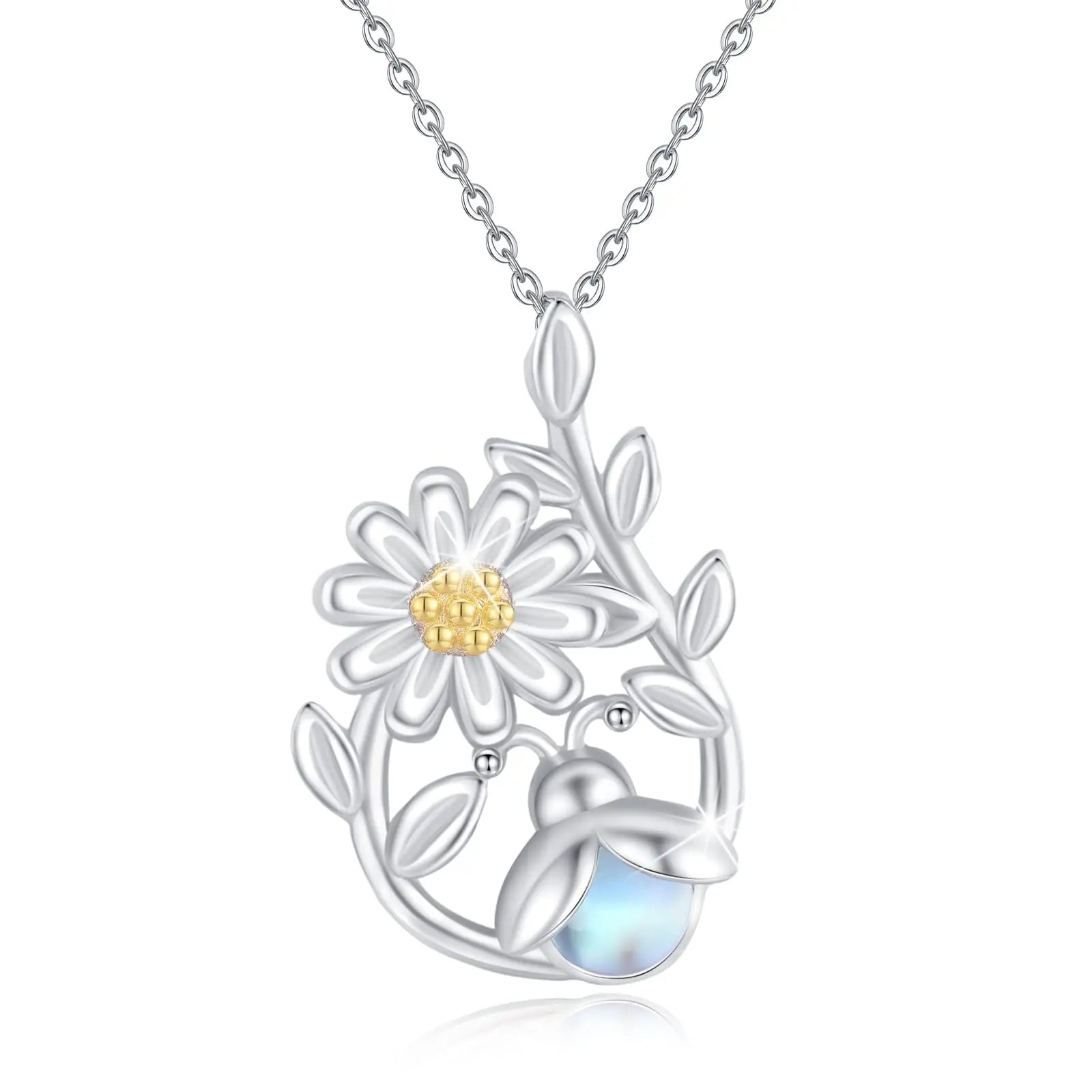 New Arrival S925 Sterling Silver Daisy Firefly Moonstone Pendant Necklace for Women