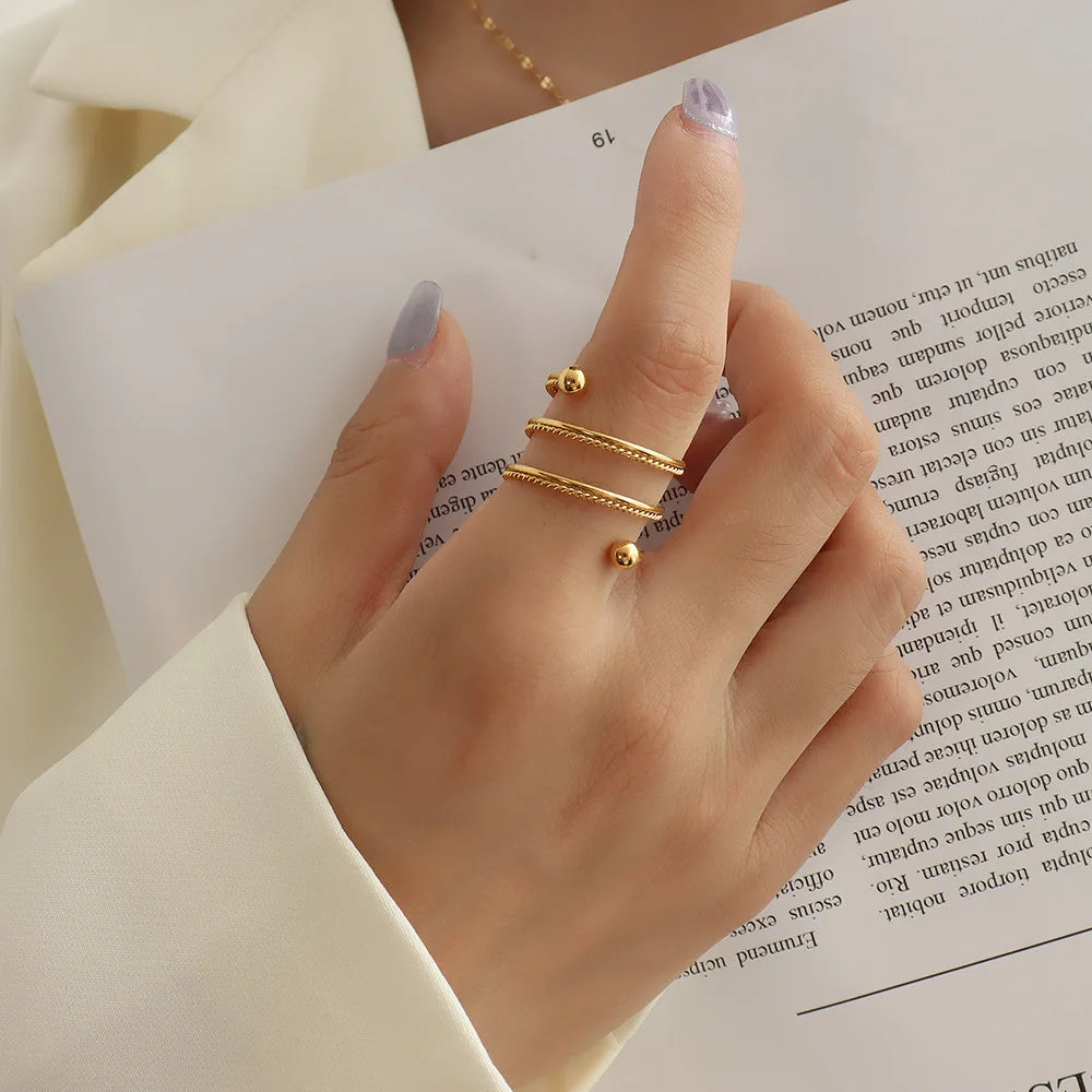 New Stainless Steel 18K Gold Plated Rotating Steel Ball Screw Rings Open Adjustable for Women Tarnish Free