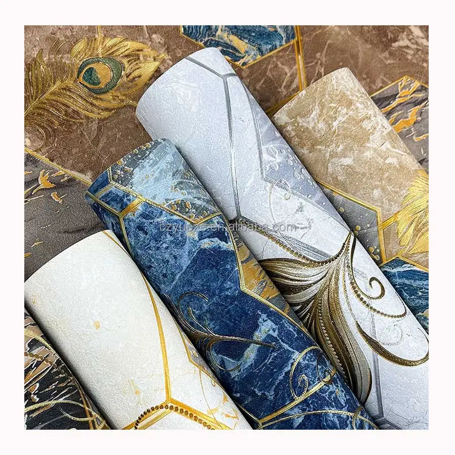 Modern Style Waterproof PVC Wallpaper with Embossed Peacock Feather Design for Bedroom Hotel Entertainment-Floral Floral Pattern