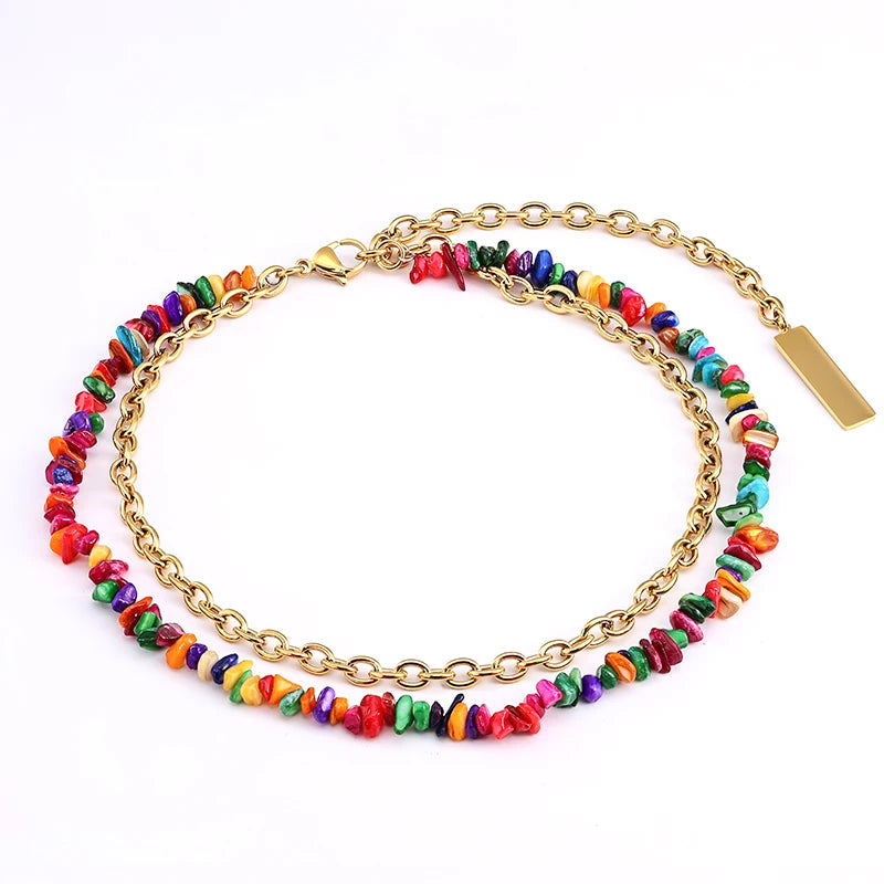 Boho Chic Beaded Necklace Stainless Steel with Tropical Hawaiian Beach Style Colorful Lucky Stone Gemstone Jewelry