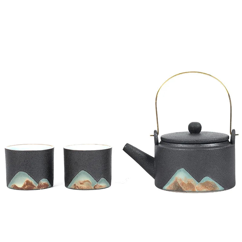 Japanese Coffee Hand Painted Stoneware Tea Pot and Ceramic Vintage Tea Cups Chinese