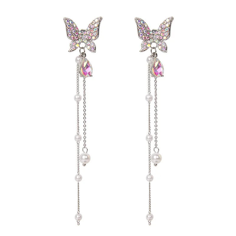 AA00353 Fashion Korean Shiny Butterfly Rhinestone Drop Earrings for Women Elegant Pearl Tassel Earring Party Jewelry