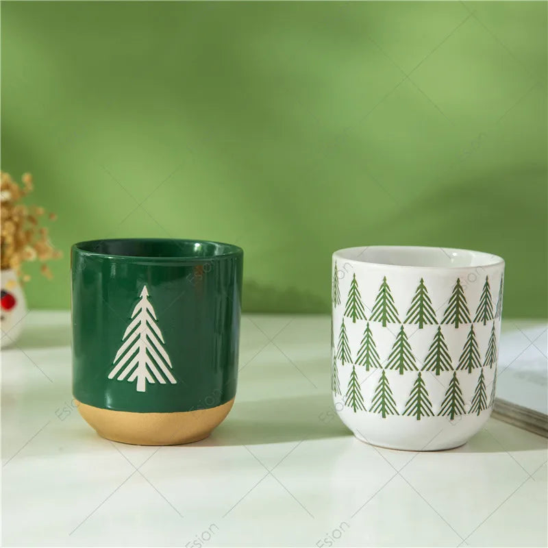 Manufacture New Arrival Japanese Green White Printing Christmas Mug Ceramic Coffee Mug Without Handle